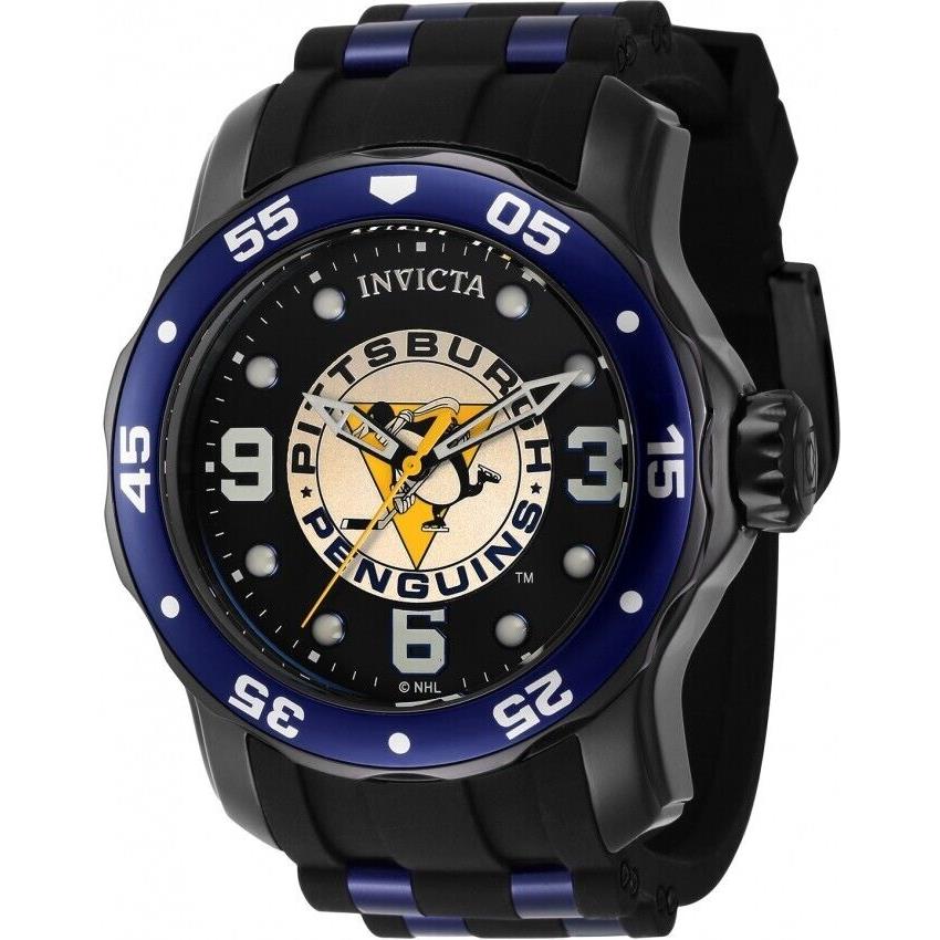 Invicta Nhl Pittsburgh Penguins Black Dial Men`s Quartz Blue Black Band Watch - Dial: Black, Band: Black, Blue, Bezel: Black, Blue