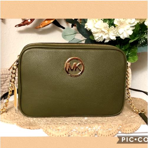Michael Kors Fulton East West Crossbody Leather Bag Large Duffle - Mandarin / Gold Exterior, Beige Lining, gold, green Handle/Strap