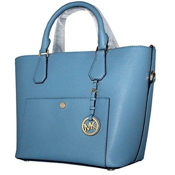 Michael Kors Greenwich Large Saffiano Leather Satchel Shoulder Grab Bag Sky