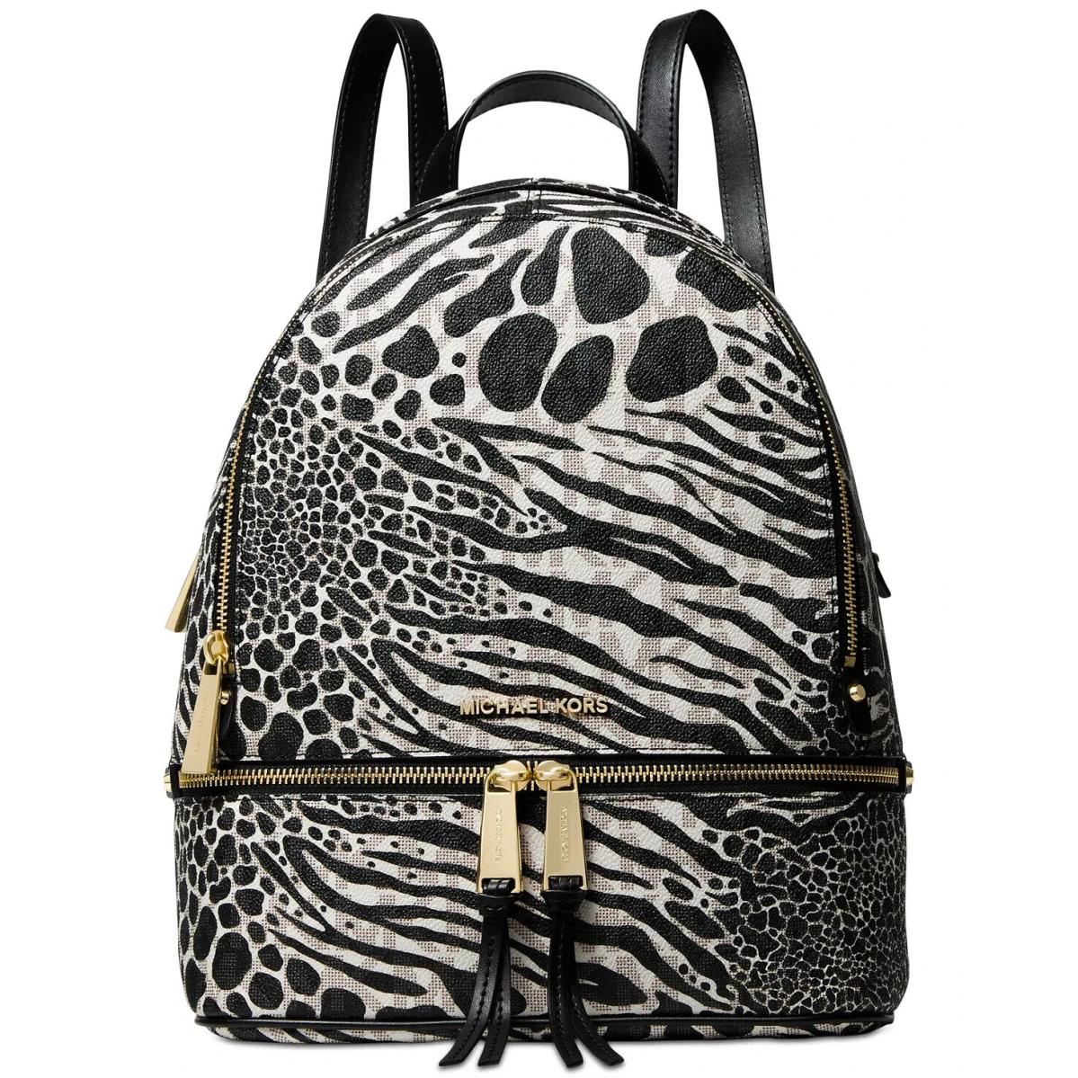 Michael Kors Rhea Zip Black White Logo Gold Animal Backpack Travel Bag