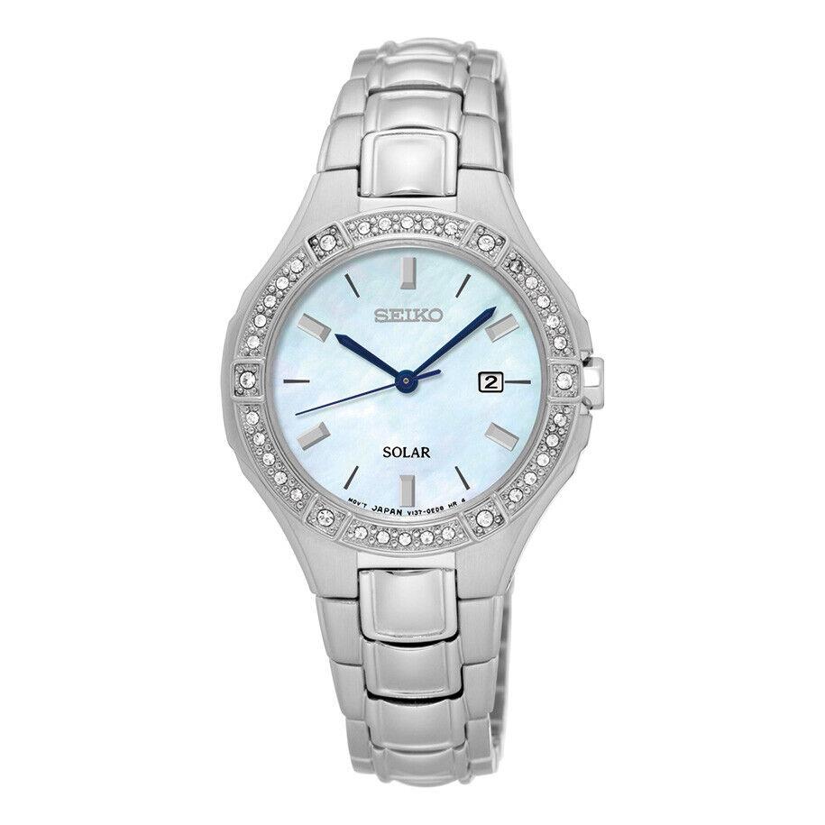 Seiko SUT281 Core Mop Dial Swarovski Crystals Steel 29 mm Solar Women`s Watch - Mother of Pearl Dial, Silver Band, Silver Bezel