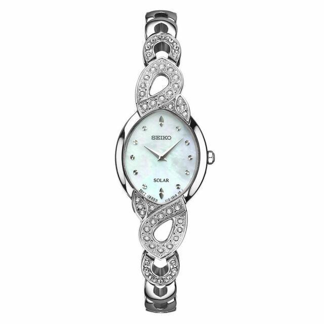 Seiko SUP367 Mother of Pearl Dial Crystal`s Stainless Steel Solar Women`s Watch