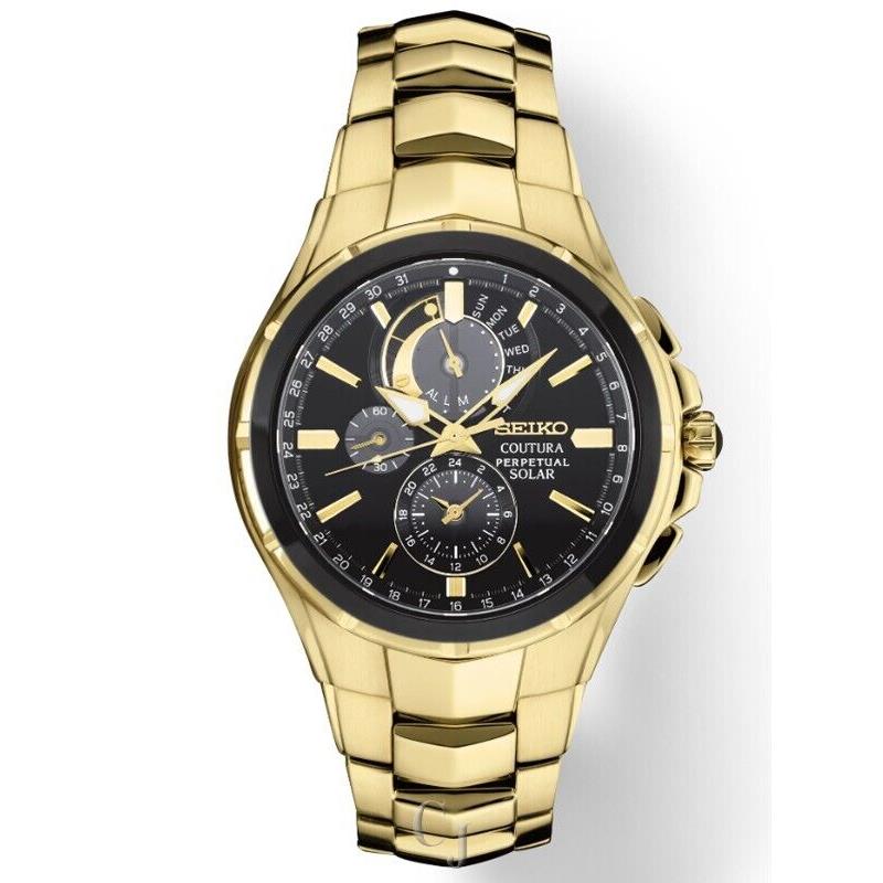 Seiko Coutura Solar Chronograph Perpetual Watch SSC700 - Black Dial, Gold Band, Black Bezel