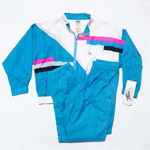 Vintage Puma Tracksuit Men`s Large Geometric 2 Piece Set Jacket Pants Blue