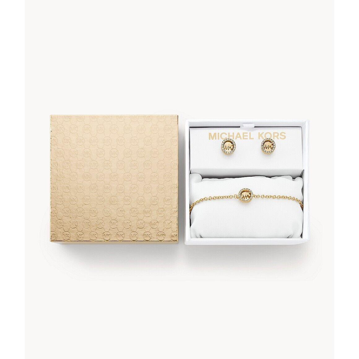 Michael Kors MK Logo Box Set Gold Slider Bracelet Earrings Crystals  MKJ7807710 - Michael Kors jewelry - 006584075052 | Fash Brands