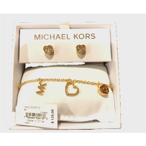 Michael Kors Box Set Gold Slider Bracelet Crystal Heart Earrings MKJ7819710 +box