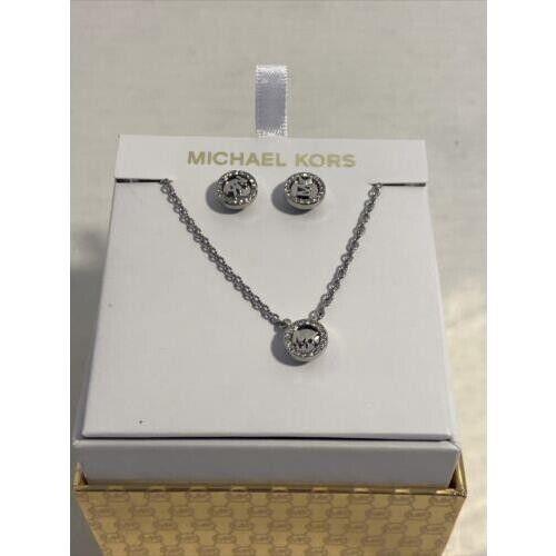 Michael Kors Logo Gift Set Silver Necklace Earrings Crystals MKJ7811040 + Box
