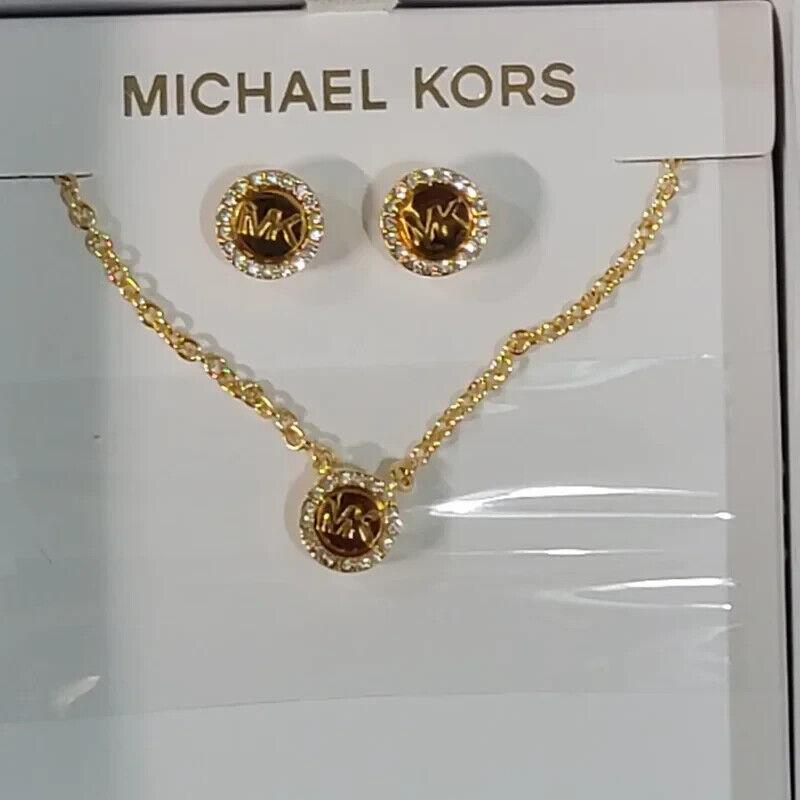 Michael Kors MK Logo Gift Set Gold Necklace Earrings Crystals MKJ7810710 + Box