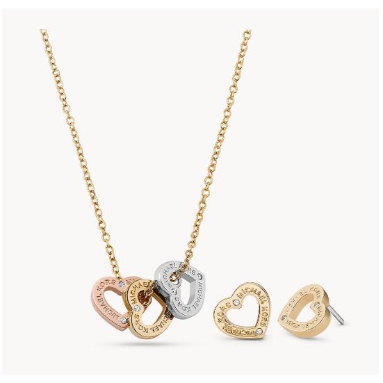 Michael Kors Gift Set Gold Silver Heart Necklace Earrings MKJ7924998 +mk Box