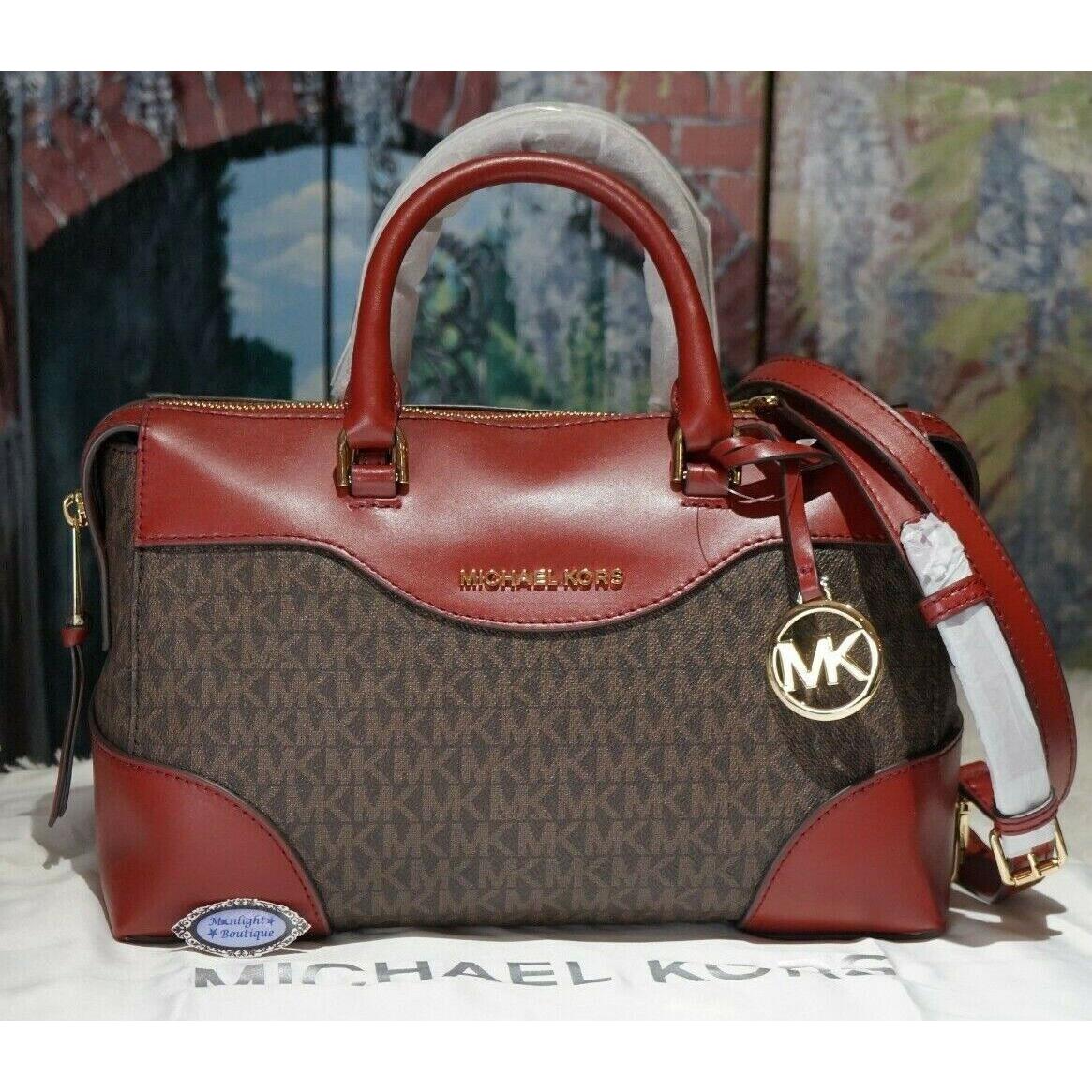 detaljeret overse Lærd Michael Kors Maya Small Satchel X-body Bag Brandy Brown MK Canvas Leather - Michael  Kors bag - | Fash Brands