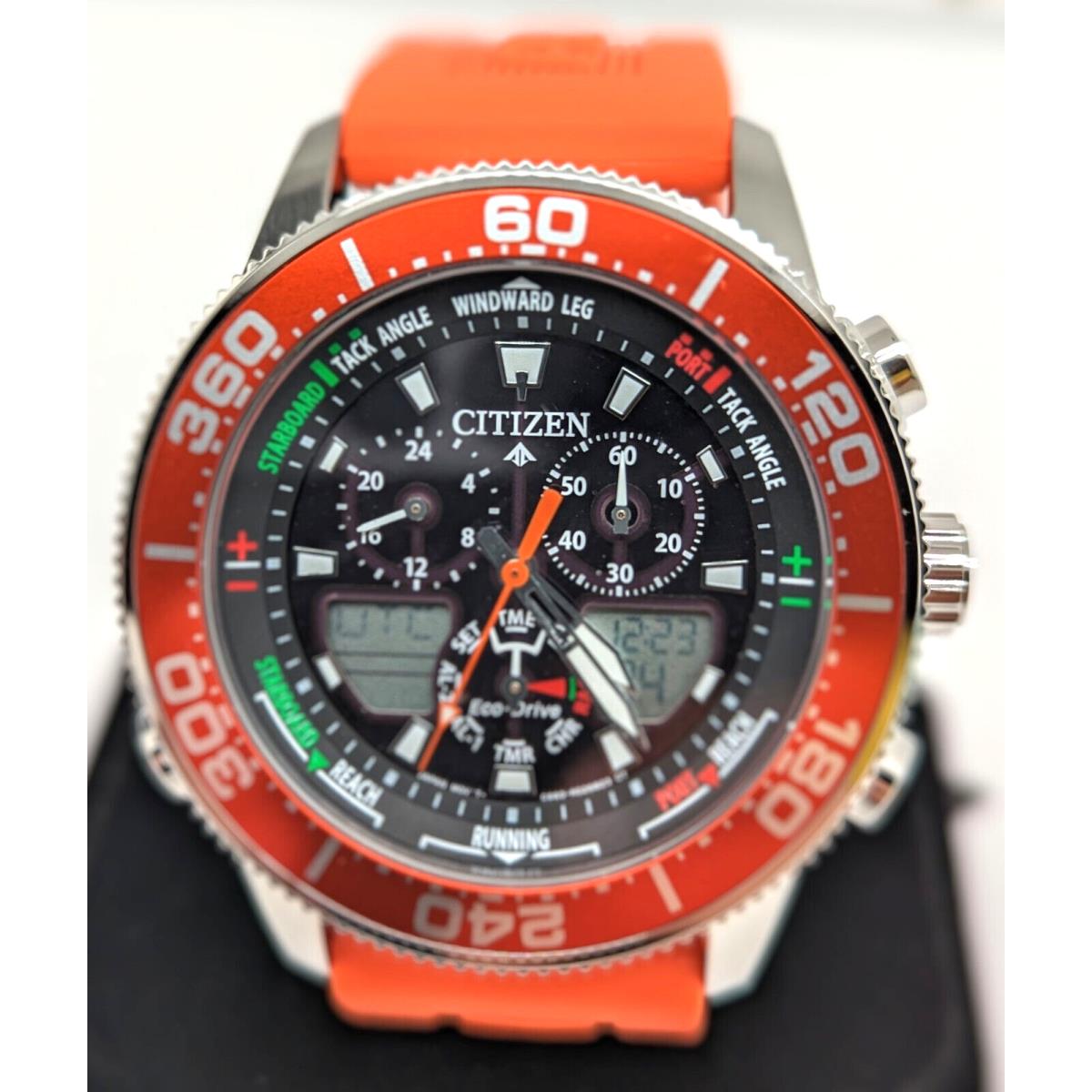 Citizen Promaster Sailhawk Alarm Men`s Dual Time Chronograph Watch JR4061-00F - Dial: Black, Band: Orange, Bezel: Orange