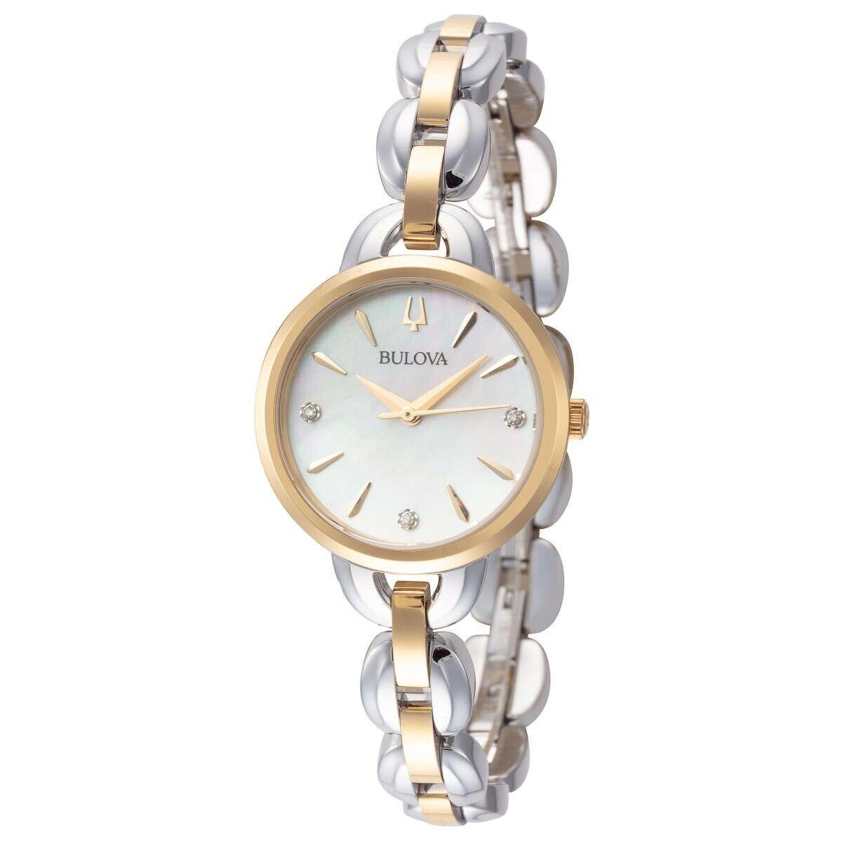 Bulova Ladies 98P212 Diamond Accented Two Tone Stainless Steel Watch w/ Mop Dial - Dial: Gold, Band: Gold, Silver, Bezel: Gold