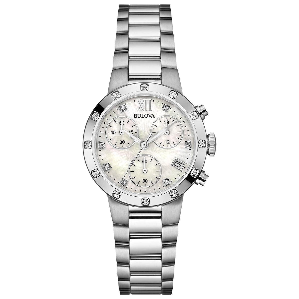 Bulova Maiden Lane 96R202 Chronograph Diamond Mop Dial Ladies Watch - Dial: Mother-of-pearl, Band: Silver, Bezel: Silver