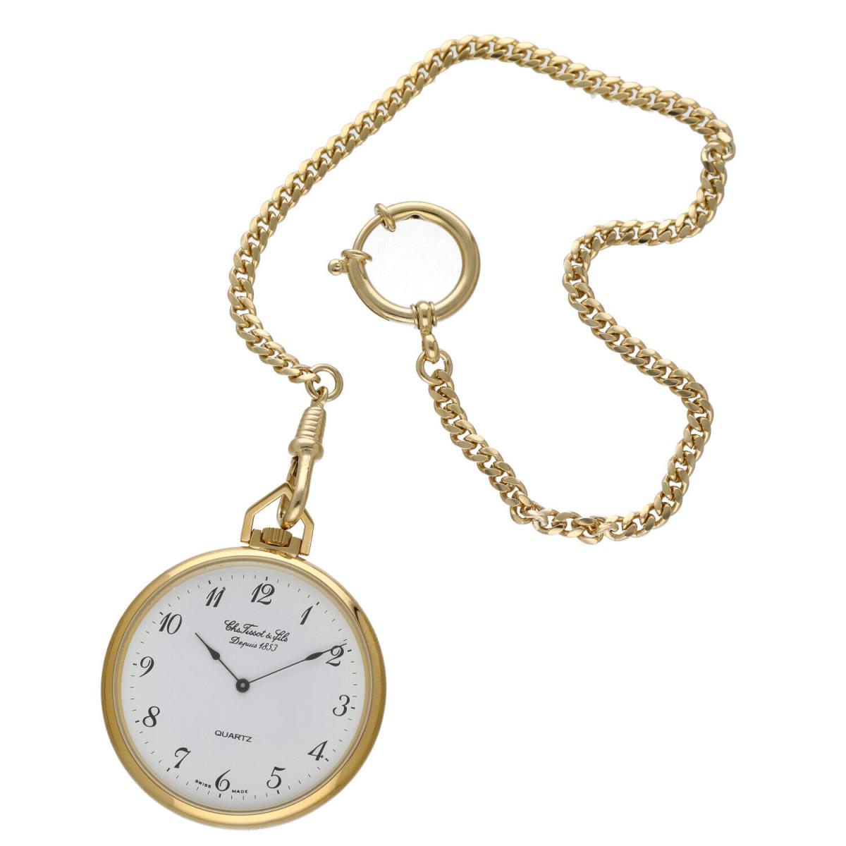 Tissot T82.4.554.12 White Arabic Numerals Dial Gold Tone Quartz Pocket Watch - White Dial
