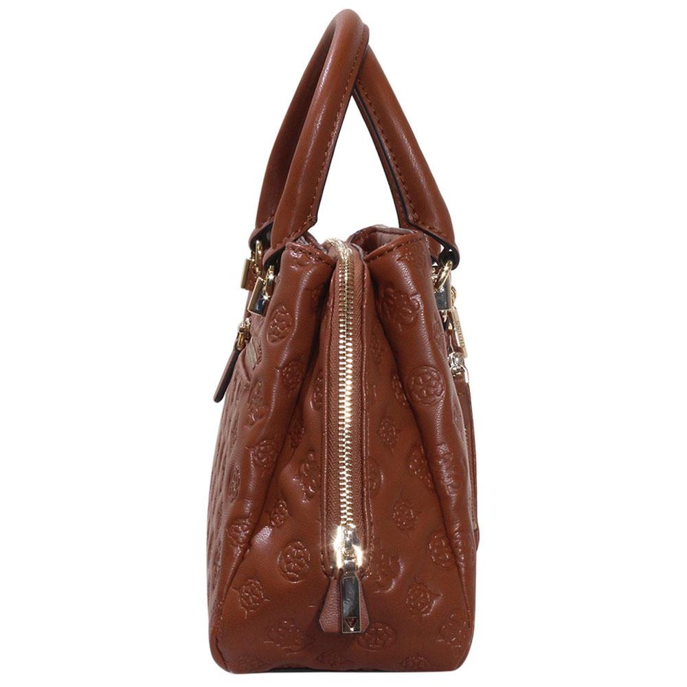 Guess Women`s La Femme Handbag Small Girlfriend Satchel Bag Cognac Embossed