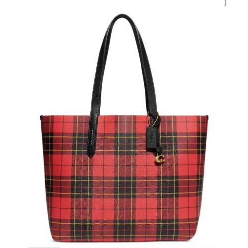 Coach Box Program Plaid Print Highline Tote Red Multi