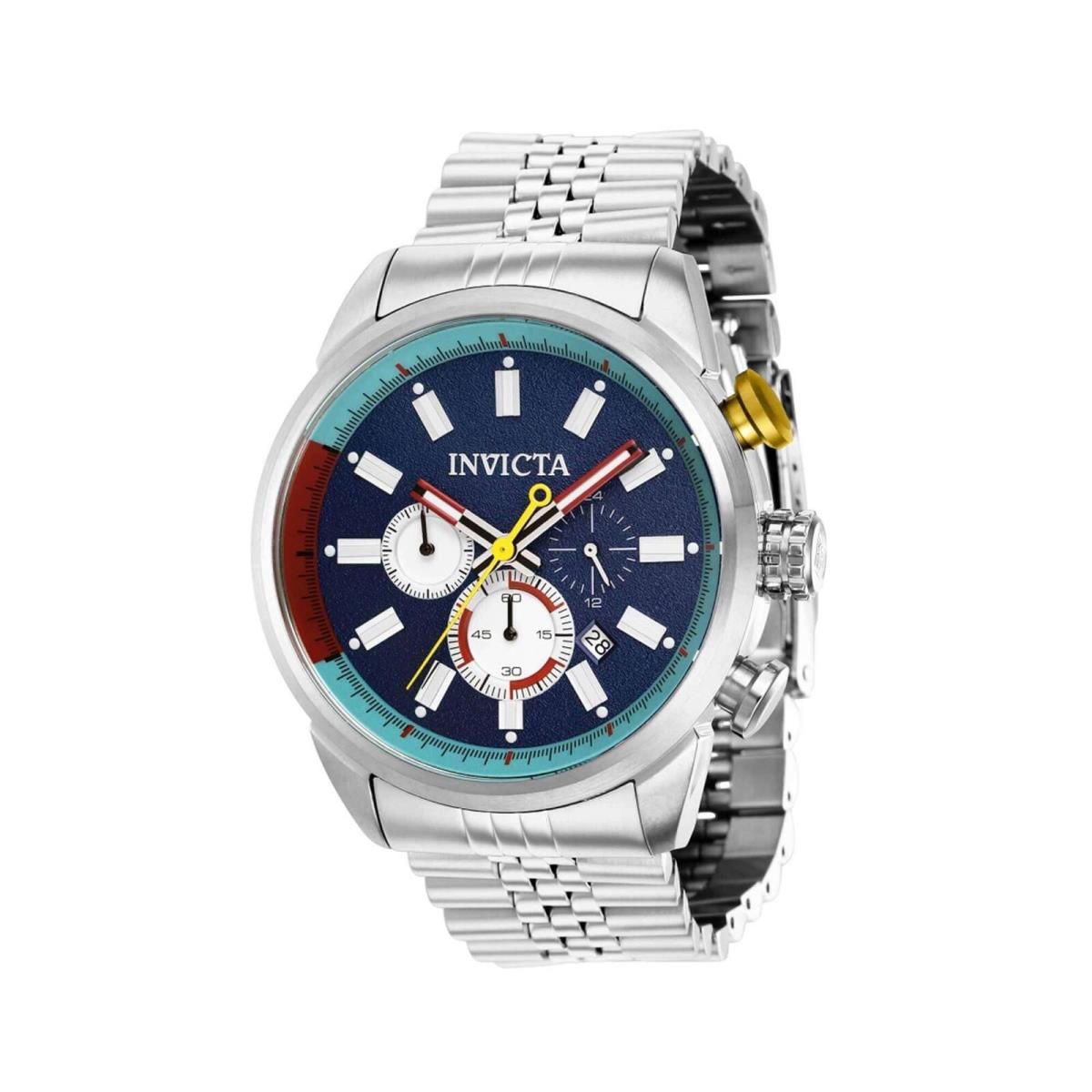 Invicta Men`s Watch Aviator Chrono Date Display Stainless Steel Bracelet 39945 - Dial: Blue, Red, White, Light Blue, Band: Silver