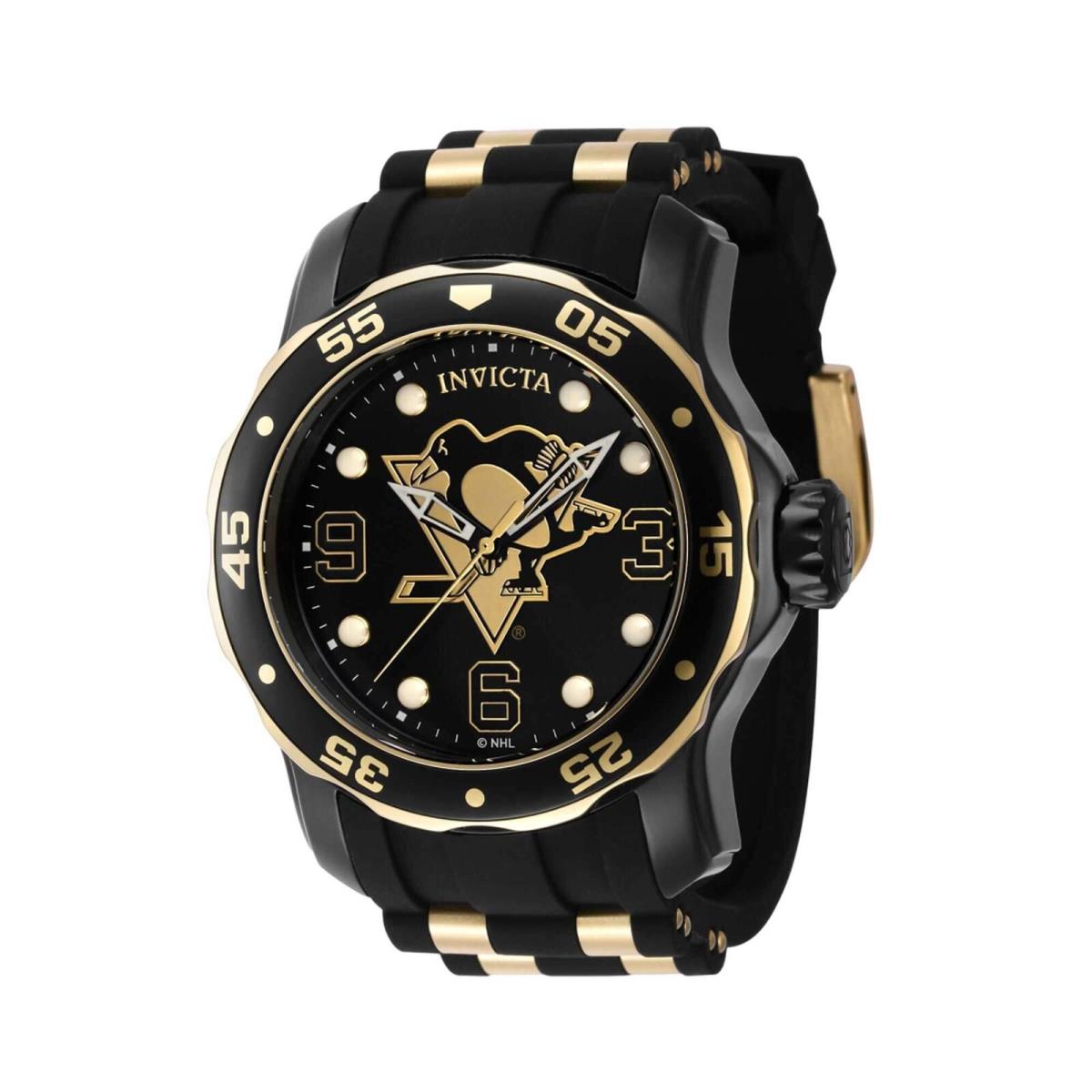 Invicta Men`s Watch Nhl Pittsburgh Penguins Quartz Gold and Black Strap 42322 - Dial: Black, Gold, Band: Yellow, Black