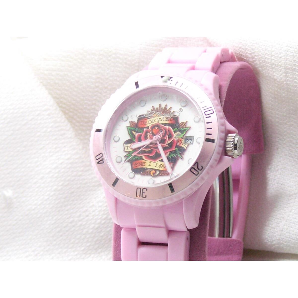 Ed Hardy Watch Pink Band Dedicated to The One I Love Roses Dial