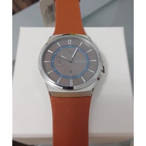 Skagen Melbye Chronograph Gray Blue Dial Brown Leather Men`s Watch SKW6805