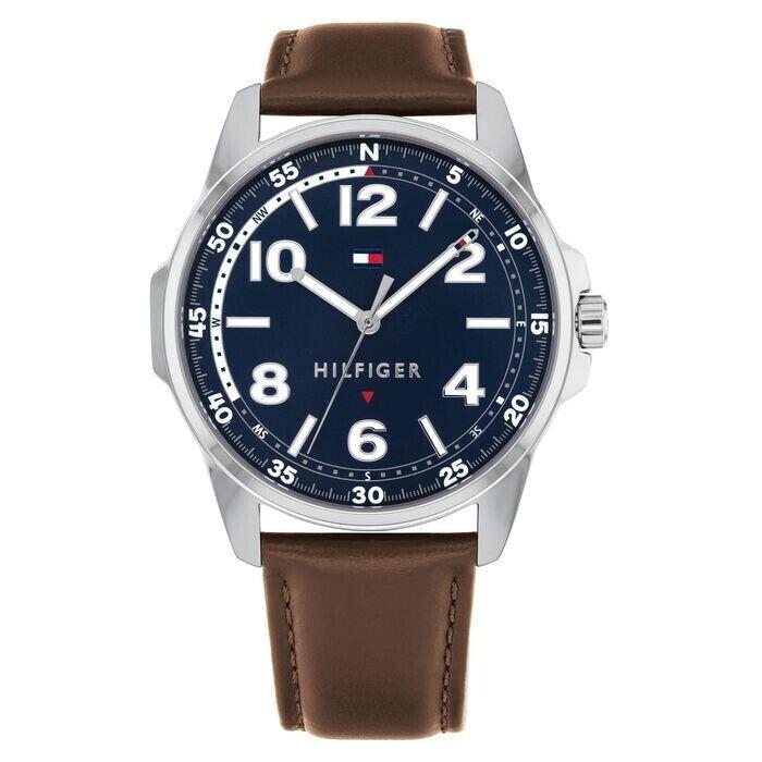 Tommy Hilfiger Men`s Brown Leather Strap Navy Blue Dial Watch 1791375