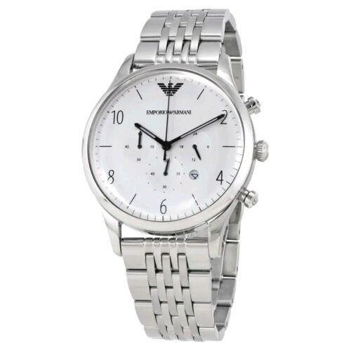 Emporio Armani Classic White Dial Stainless Steel Men`s Chronograph Watch AR1879 - White Dial, Silver Band, Silver Bezel