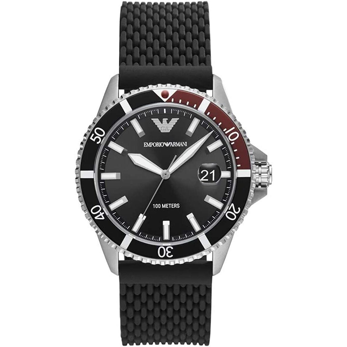 Emporio Armani 100m Diver Rotating Bezel Silicone Strap Men`s Watch AR11341