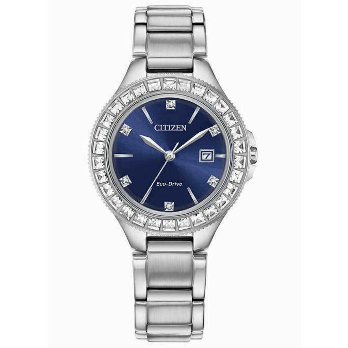 Citizen FE1190-53L Silhouette Eco-drive Blue Dial Crystal Accented Womens Watch - Dial: Blue, Band: Silver, Bezel: Silver
