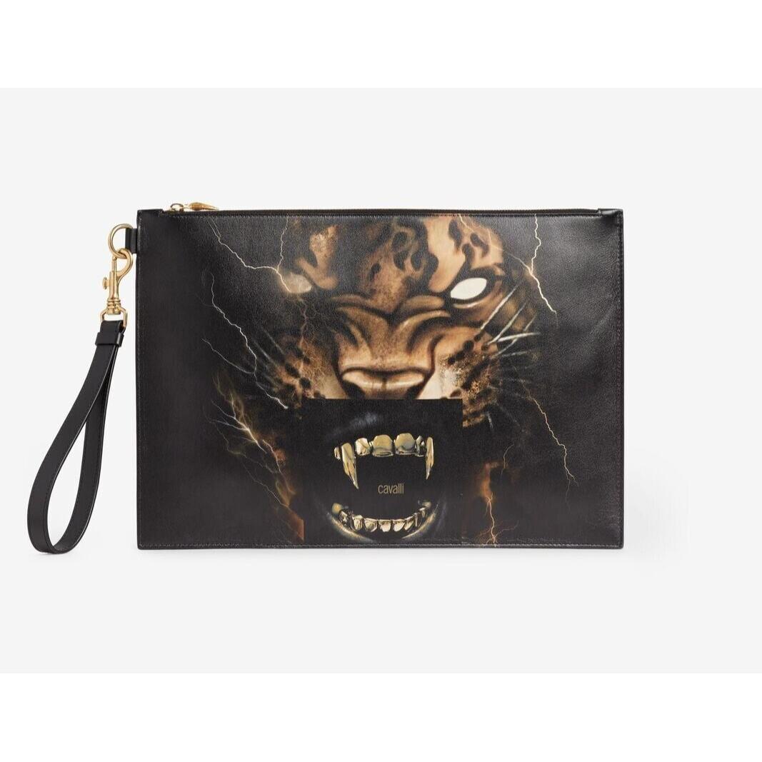 Roberto Cavalli Metallic Tiger Teeth Pochette Animal Roar Leather Clutch Bag