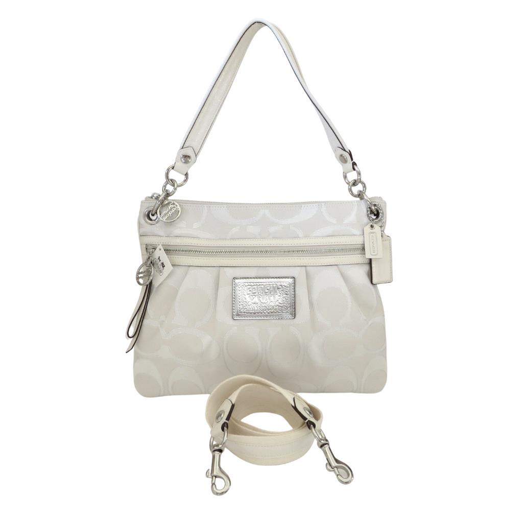 Coach Poppy White Signature Silver Leather Crossbody Hippie Purse 17047