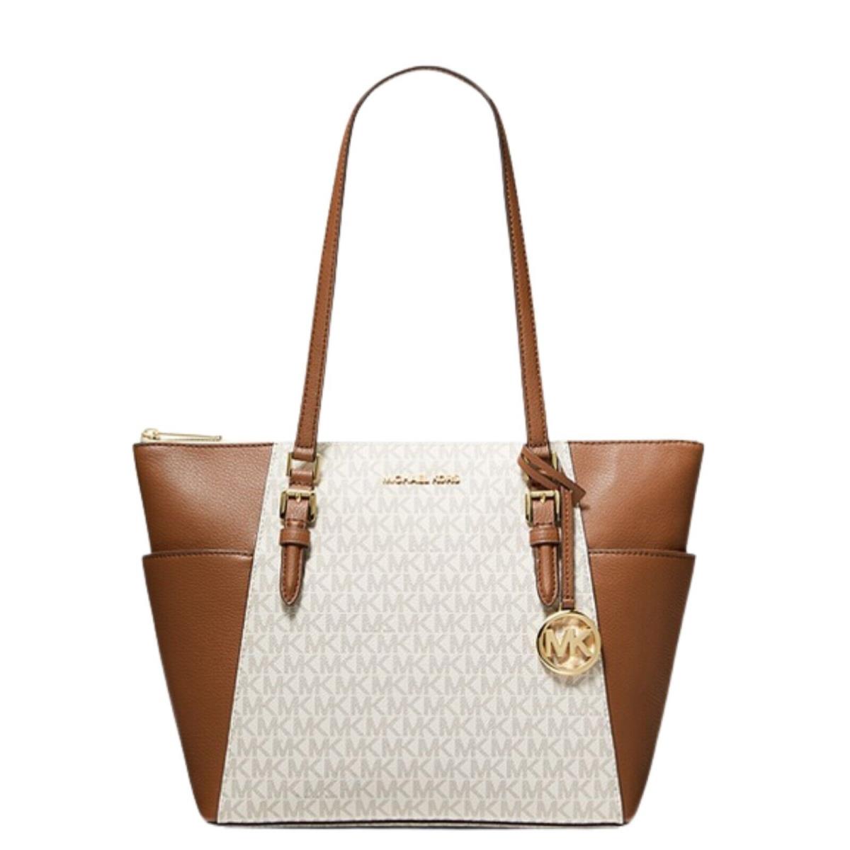 Charlotte Large Logo and Leather Top-zip Tote Bag by Michael Kors - Vanilla, Exterior: Brown