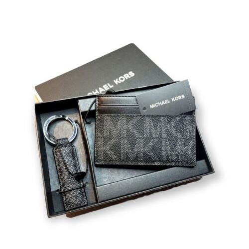 Michael Kors Card Wallet + Key Chain Logo 86F2SGFD1B Gray Black Boxed