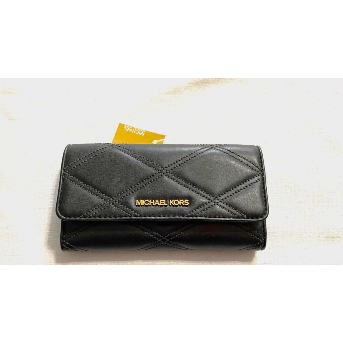 Michael Kors Large Black Jet Set Quilted Leather Travel Trifold Wallet