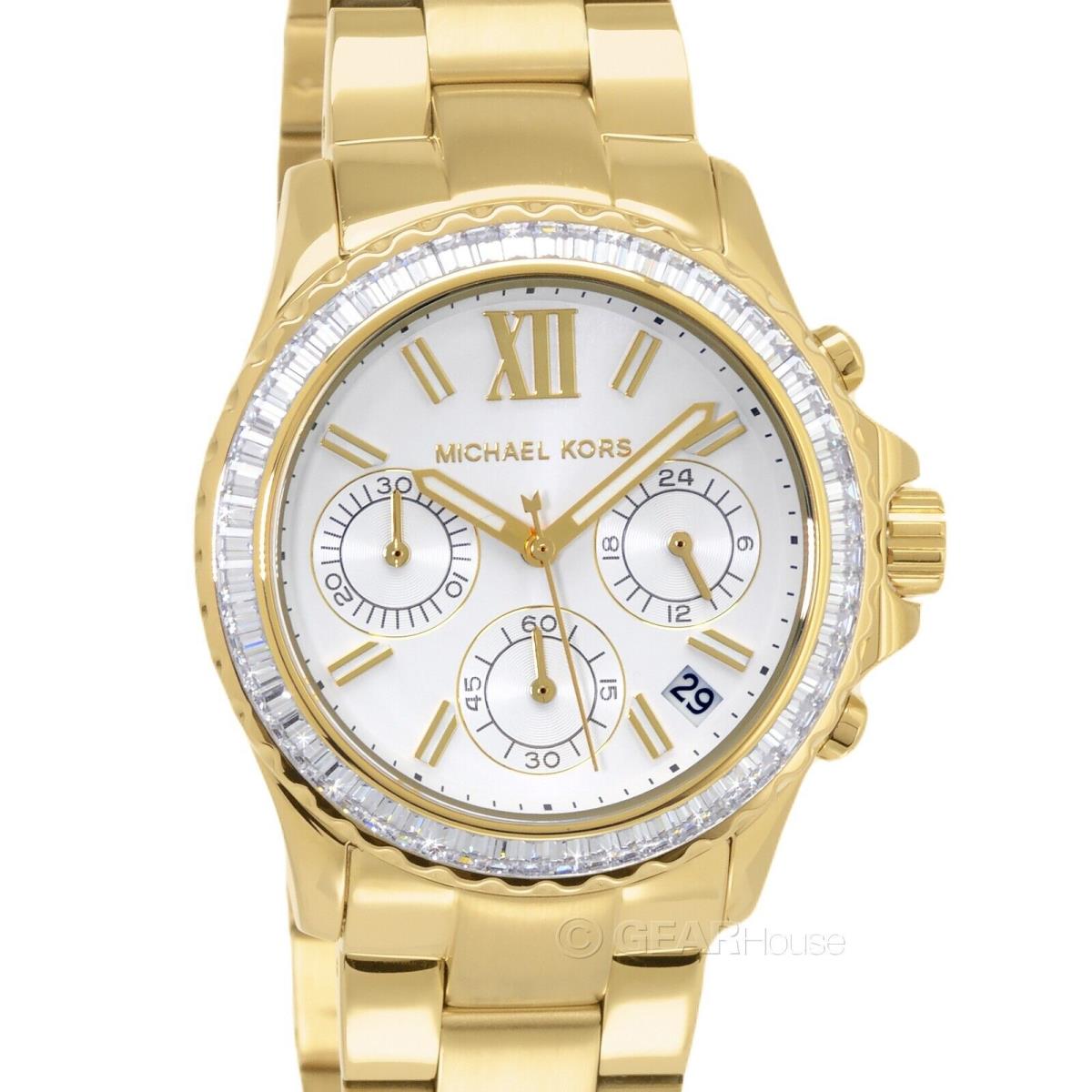 Michael Kors Everest Womens Gold Watch Baguette Crystals White Chronograph Dial - Dial: White, Band: Gold, Bezel: Clear