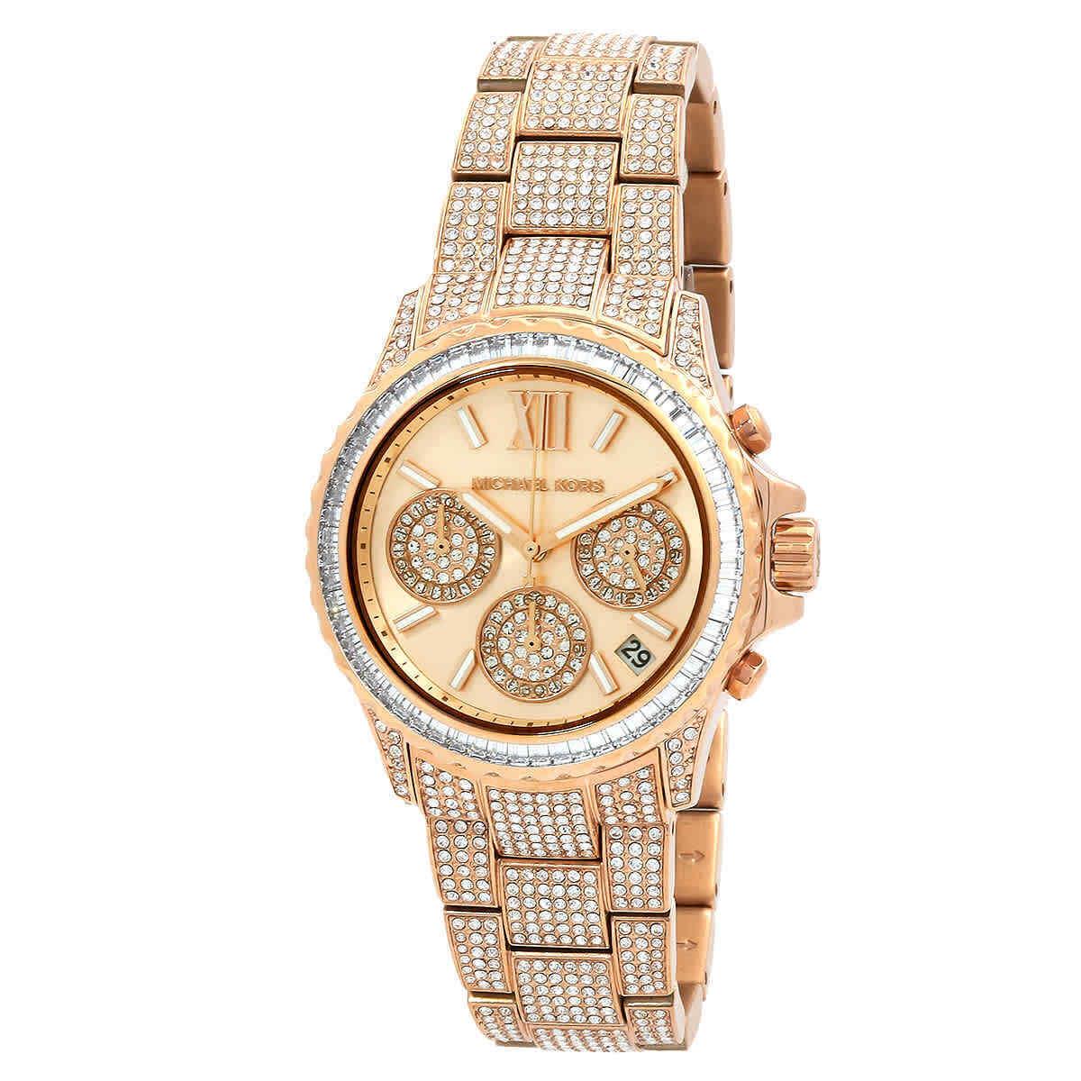 Michael Kors Everest Chronograph Quartz Crystal Rose Gold Dial Ladies Watch - Dial: Rose Gold-tone, Band: Rose Gold-tone, Bezel: Rose Gold-tone