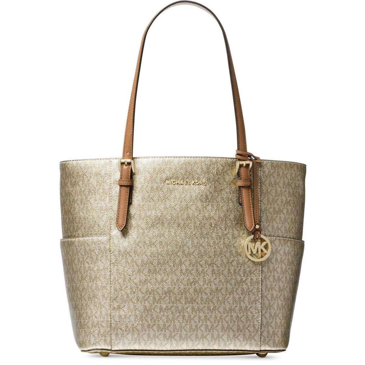 Michael Kors Metallic Signature Jet Set Travel Tote IN Gold/acorn