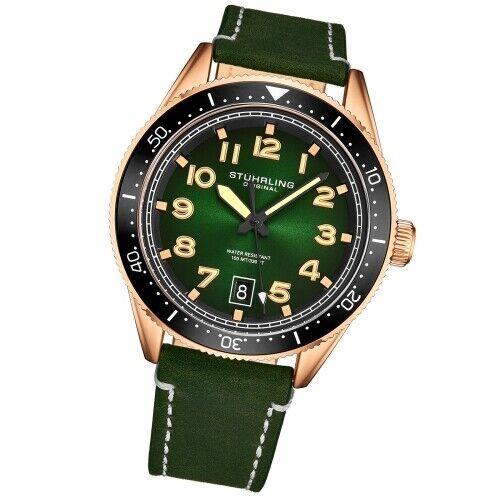 Stuhrling 3989 5 Monaco Quartz Date Green Leather Strap Mens Watch