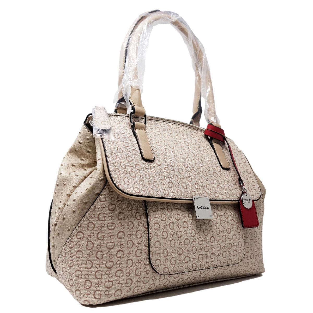 Guess Women`s Octavia Stone Beige Logo Print Satchel Handbag Purse Tote