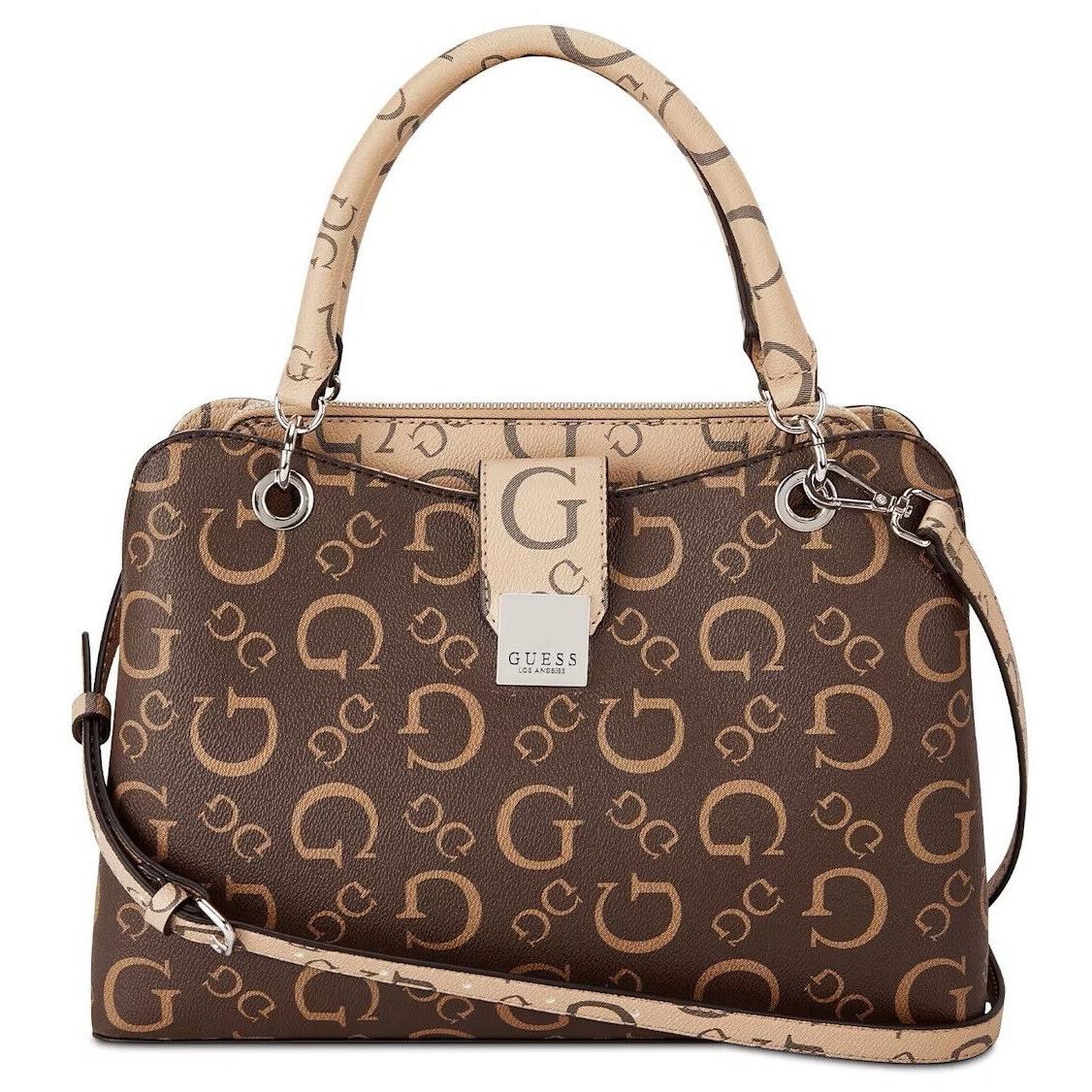Guess Women`s Comins Logo Print Satchel Crossbody Bag Handbag Natural Brown