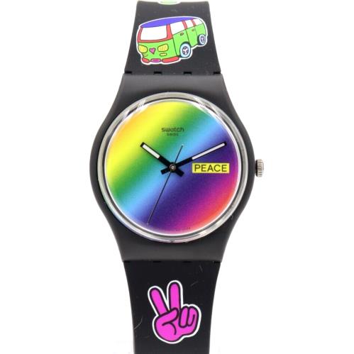 Swiss Swatch GO with The `bow Rainbow Black Silicone Watch 34mm SO31B101