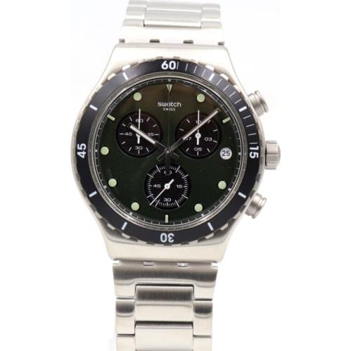 Swiss Swatch Irony Back IN Khaki Green Chrono Date Watch 45mm YVS488G - Dial: Green, Band: Silver, Bezel: Silver