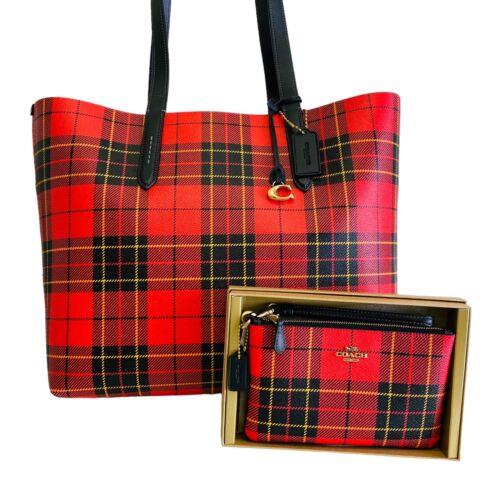 Coach Tote Wristlet Tartan Plaid Print Highline Red Black Coated Canvas Holiday