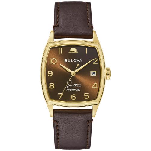 Bulova Frank Sinatra Young at Heart Men Automatic Watch 97B198 - Dial: Brown, Band: Brown, Bezel: Gold