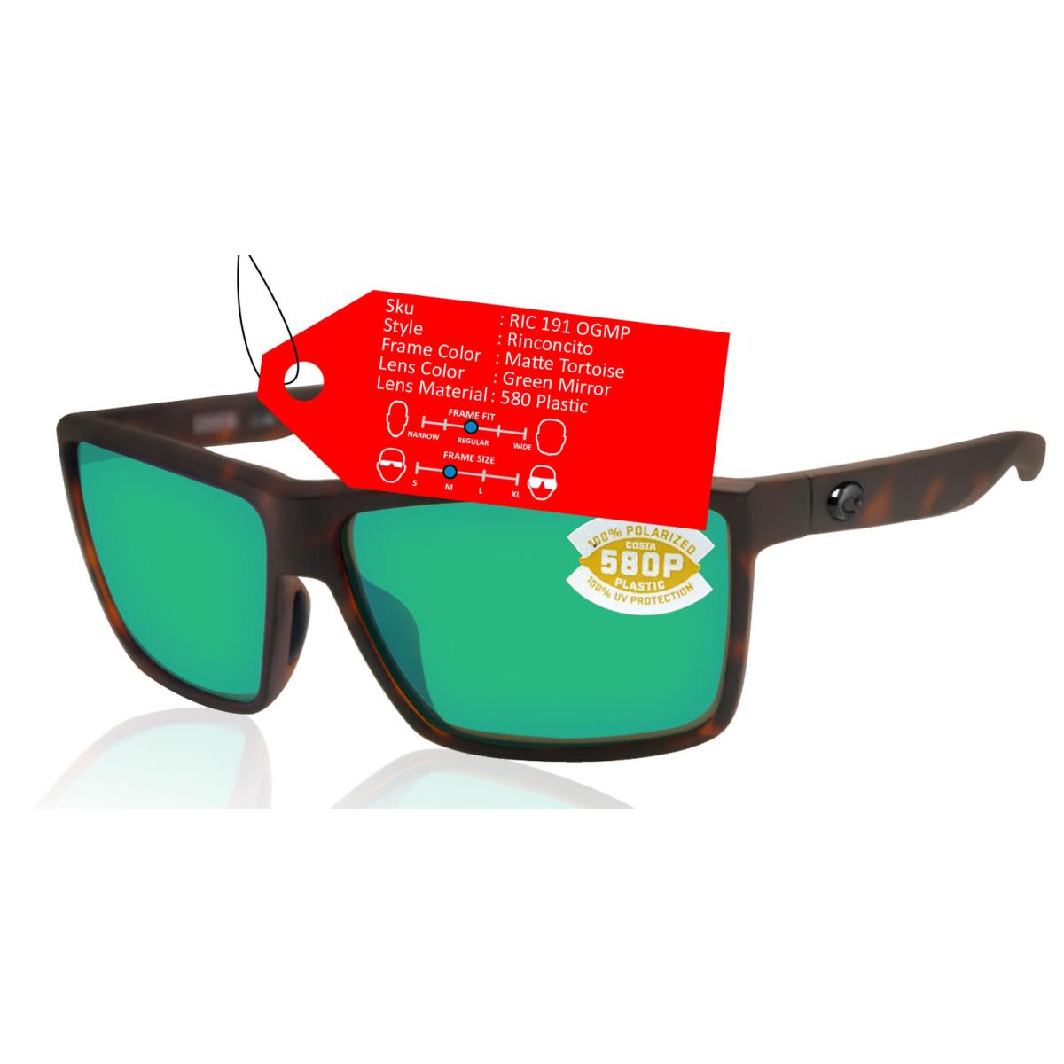 Costa Del Mar Rinconcito Matte Tortoise Green Mirror 580 Plastic Polarized Lens