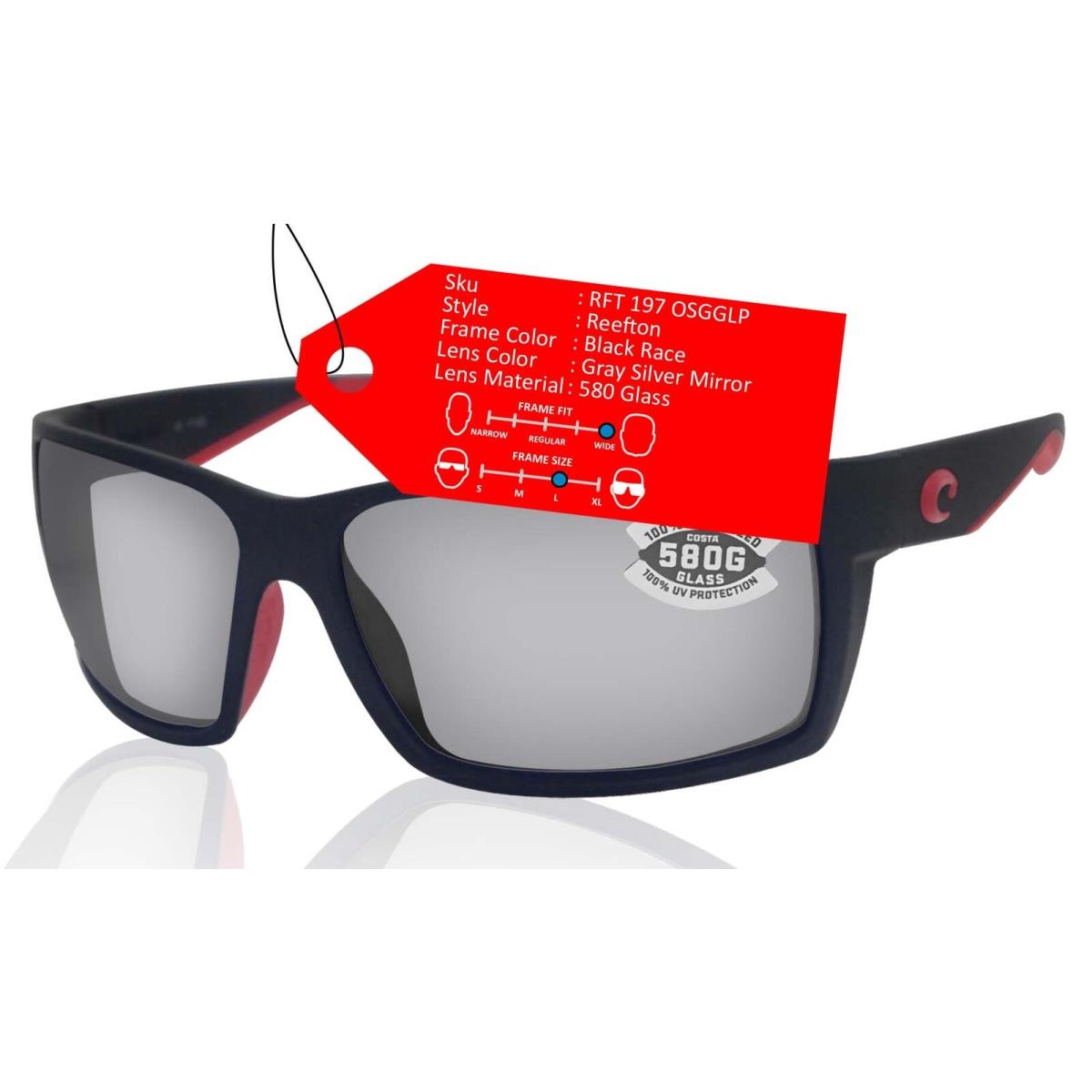 Costa Del Mar Sunglasses Reefton Race Black Gray Silver Mirror 580 Glass Lens