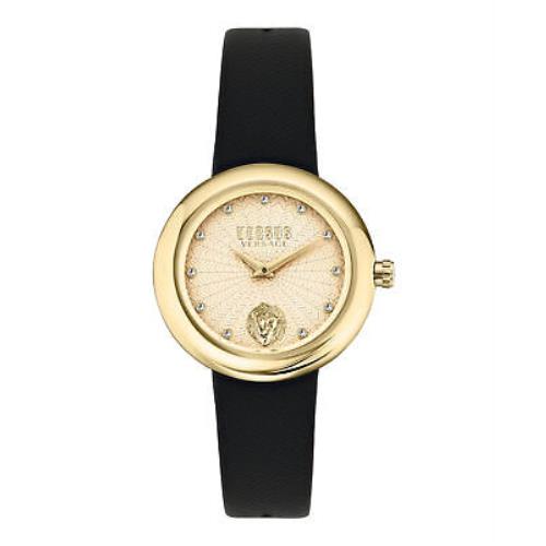 Versace Lea Leather Watch - Gold Dial, Black Band, Gold Bezel
