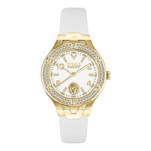 Versace Vittoria Crystal Leather Watch - White Dial, White Band, White Bezel