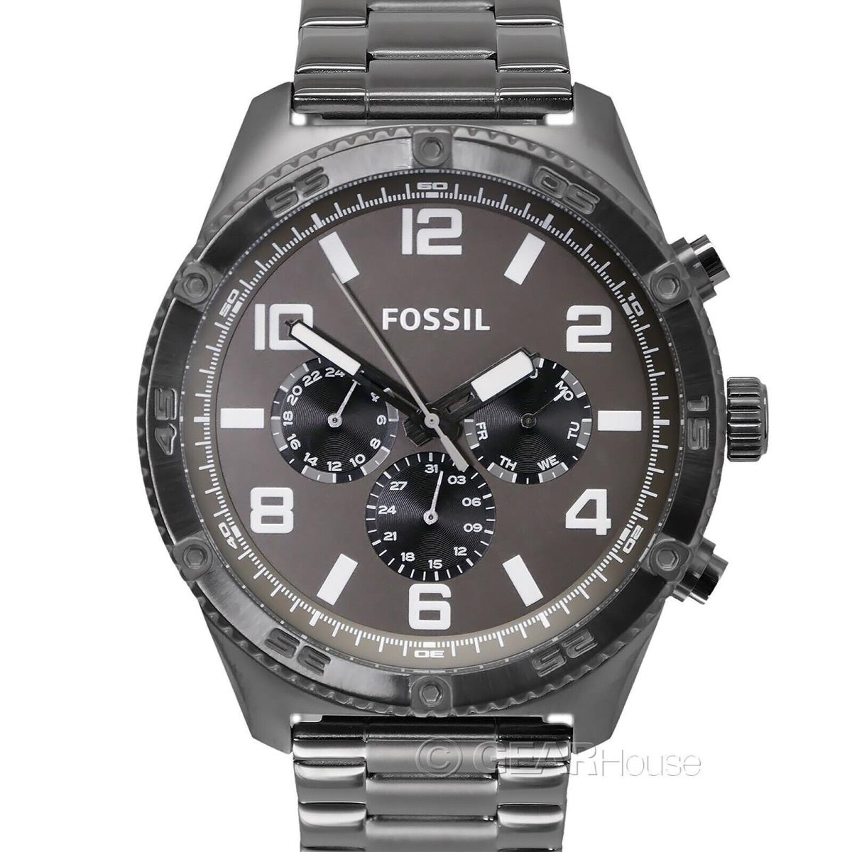 Fossil Brox Mens Multifunction Watch Large Gray Black Dial Stainless Steel Band