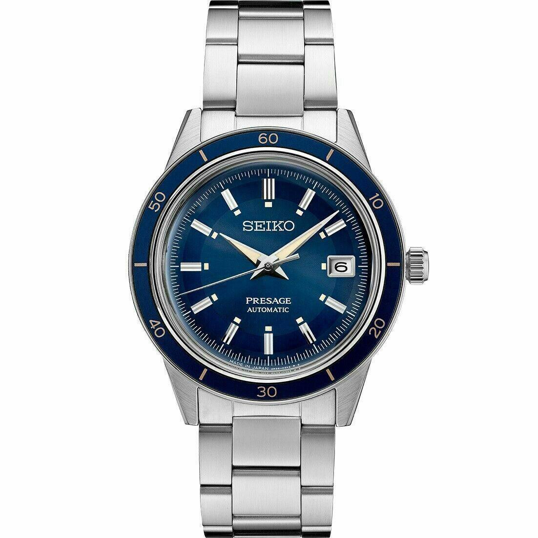 Seiko Men`s Presage Automatic Blue Dial 60s Style Steel Bracelet Watch SRPG05