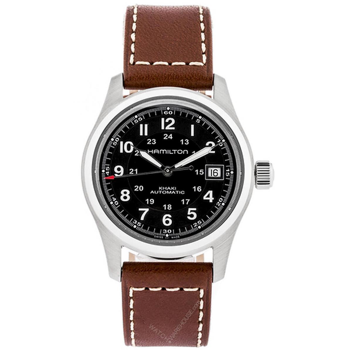Hamilton Khaki Field 38MM Automatic Brn Leather Men`s Watch H70455533 - Dial: Black, Band: Brown, Bezel: Silver